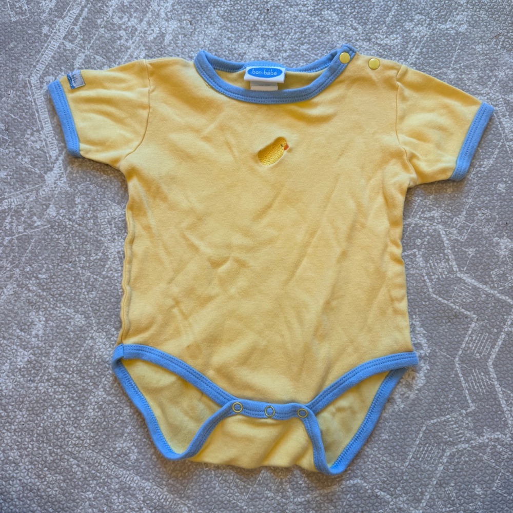 Bon Bebe Bodysuit Baby 6-9 Months Yellow Blue Chick Embroidered Short Sleeve